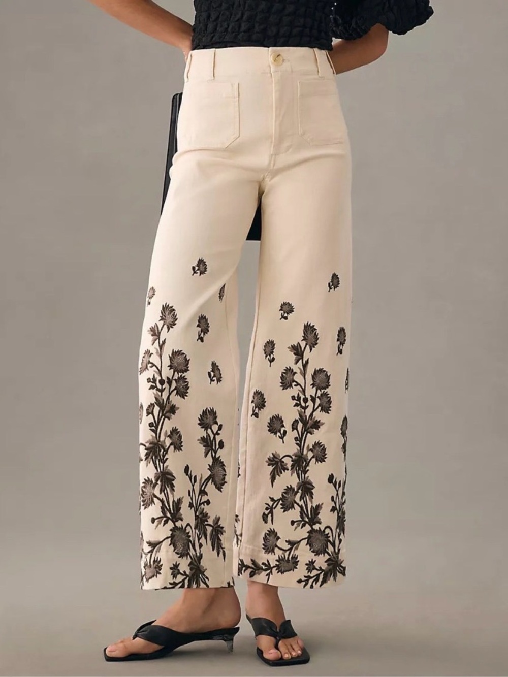 NWOT Maeve Ivory Black The Colette Embroidered Cropped Wide Leg Jeans 31 Petite